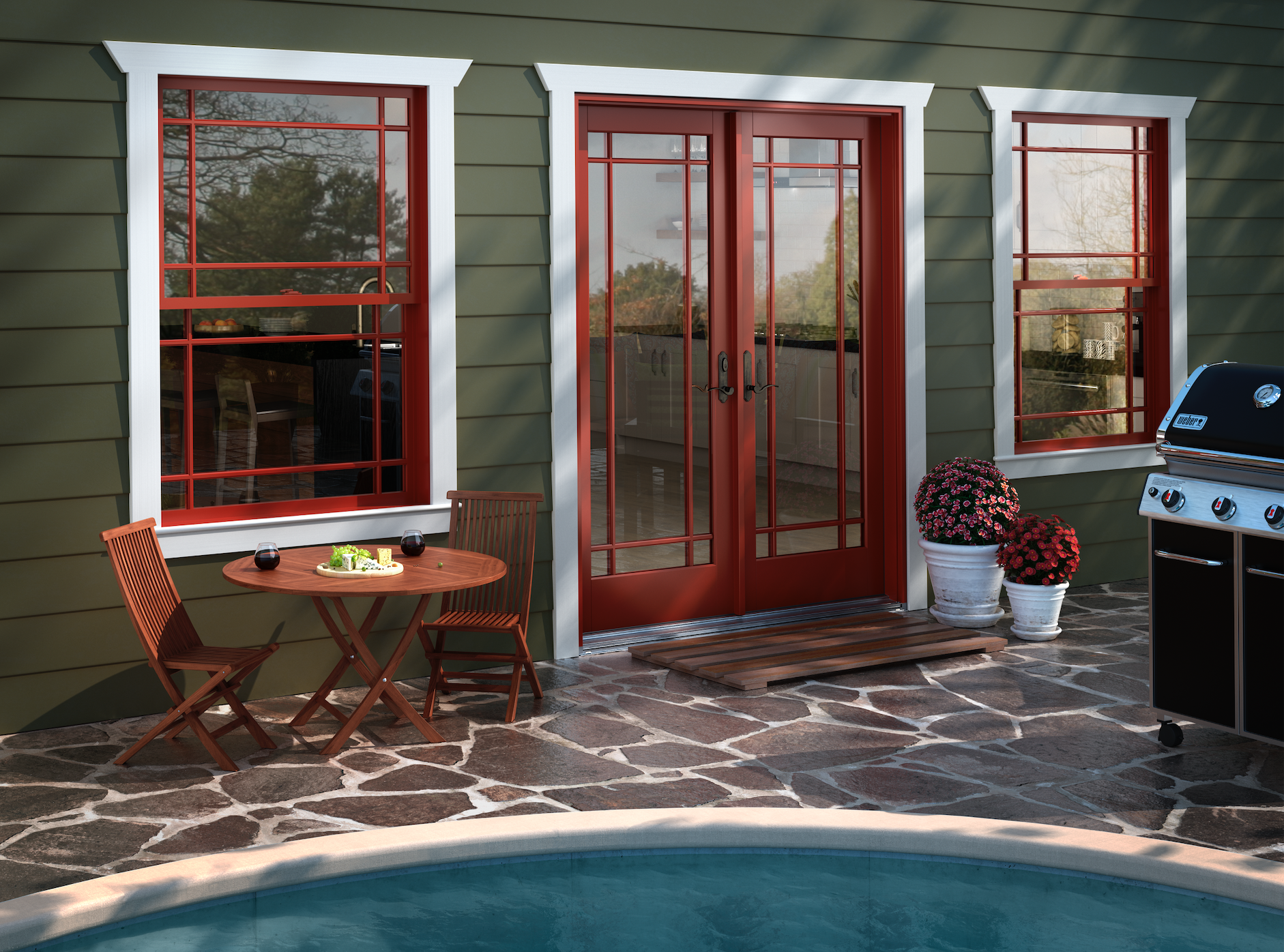 French door leading out to a home's outdoor area with a pool