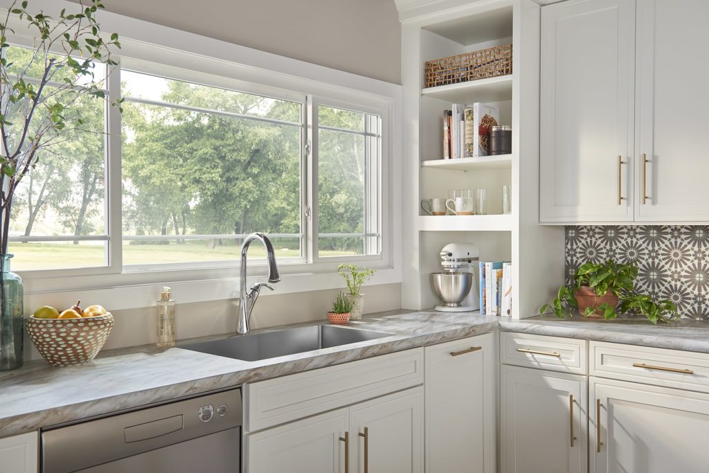White windows in elegant, modern kitchen