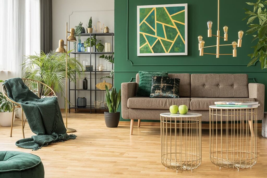 living room with bold green walls