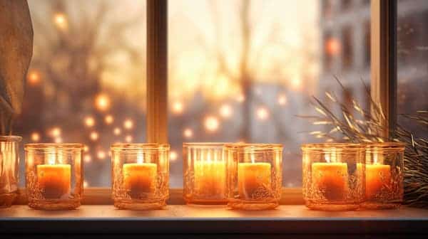 lit tea lights in window